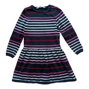 H&M Girls Navy Knit Stripe Dress with Pink & White Accents Cotton Size 5-6